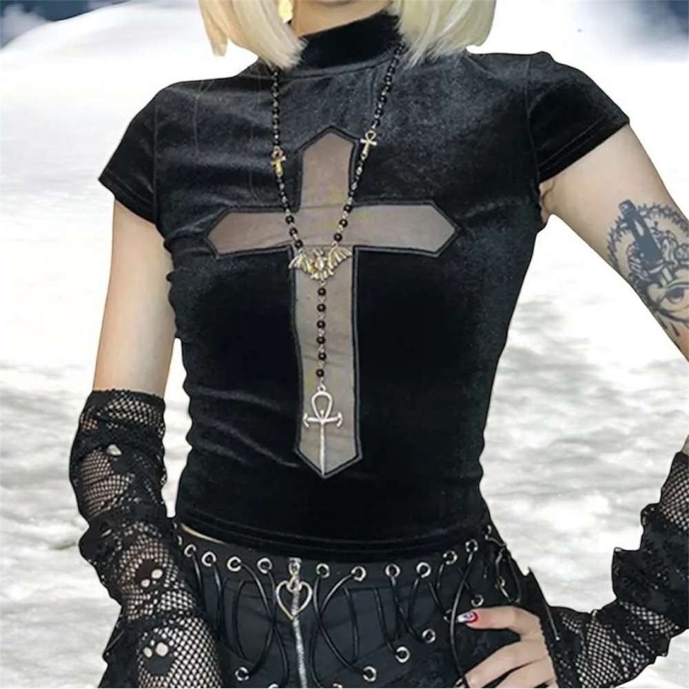 Gothic Y2K Sheer Knit Tunic with Cross Pattern, sheer, size Medium, Small